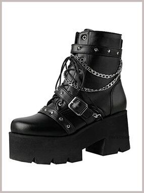 Chunky Platform Ankle Boots Lace Up High Heel Motorcycle Boots with Chain
